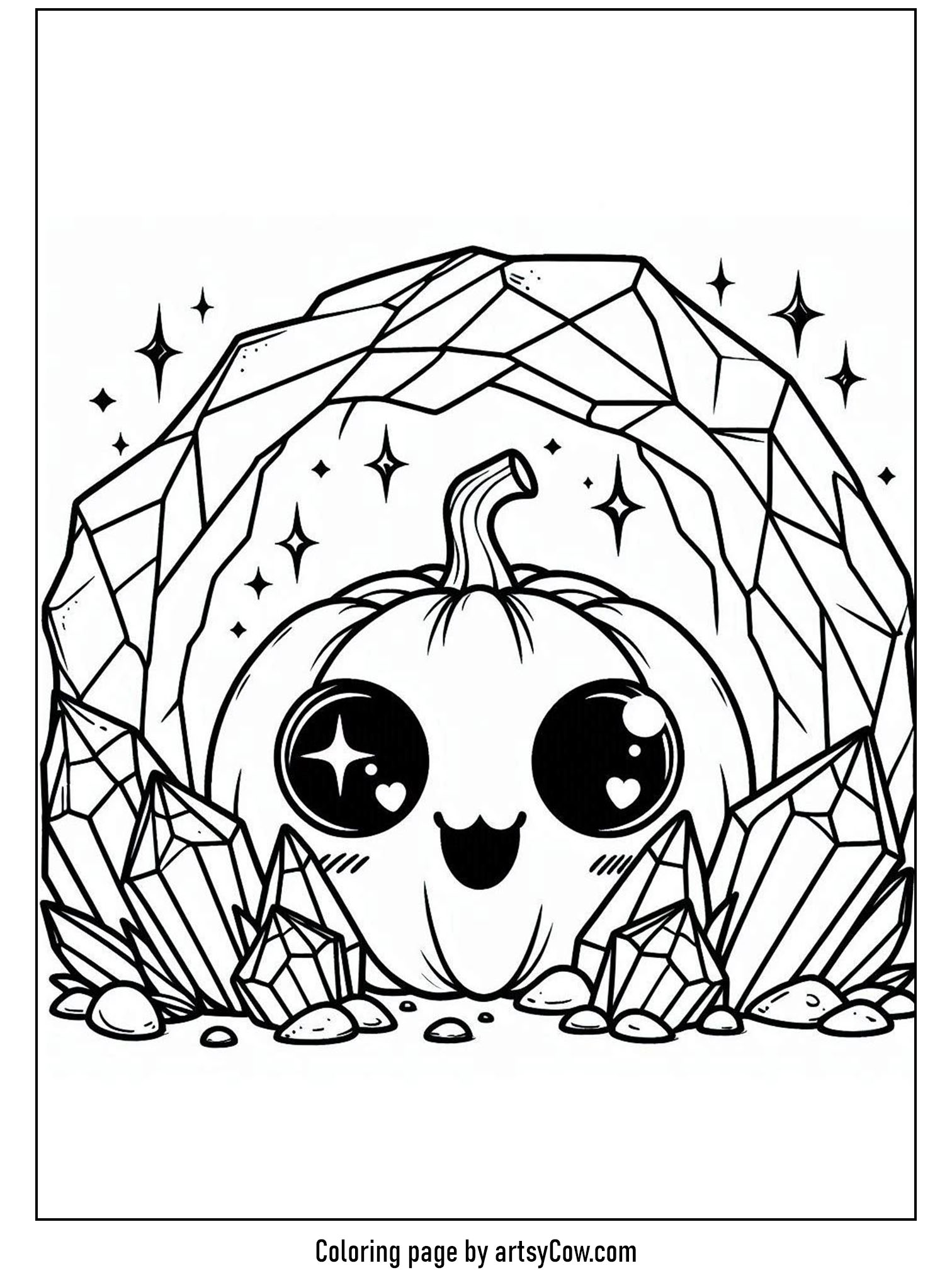 halloween coloring pages with jack-o-lantern featuring a cute jack-o-lantern nestled inside a magical crystal cave, surrounded by sparkling gemstones and twinkling stars.